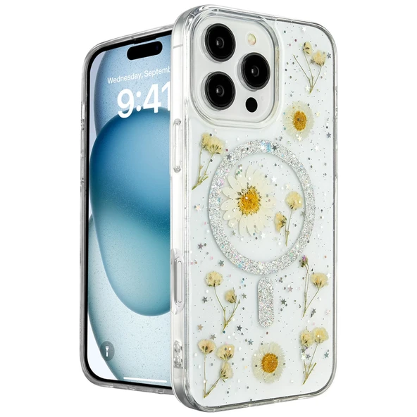 İphone 16 Pro Max Kılıf Daisy Simli Magsafe Kapak - Gümüş ürün görseli 1