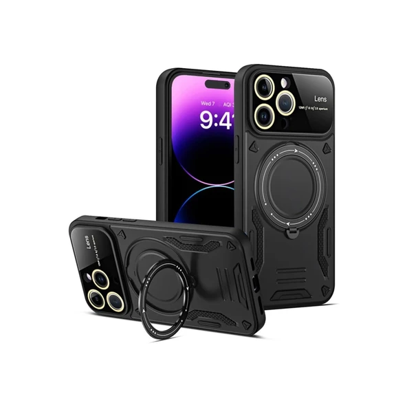 İphone 16 Pro Kılıf Joy Lens Standlı Kapak - Siyah ürün görseli 1