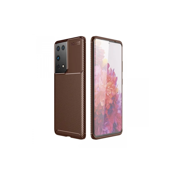 Samsung Galaxy S21 Ultra Kılıf Auto Focus Karbon Kapak - Kahverengi ürün görseli 1