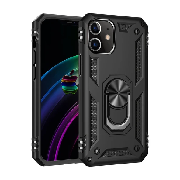 İphone 12 Mini Kılıf Sofya Yüzüklü Silikon Kapak - Siyah ürün görseli 1