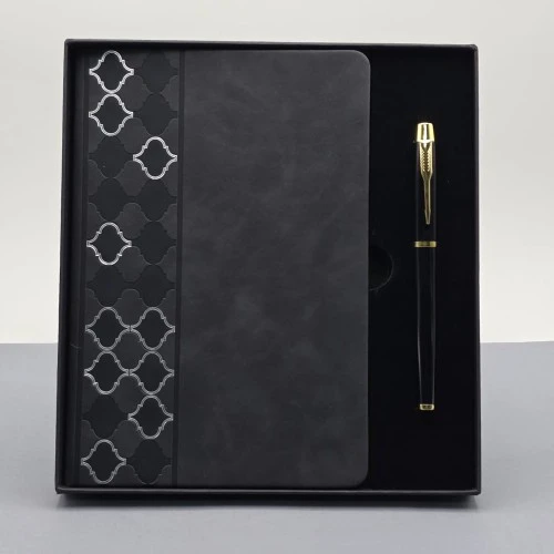 Desenli Siyah Deri Defter Kalem Set ürün görseli 1