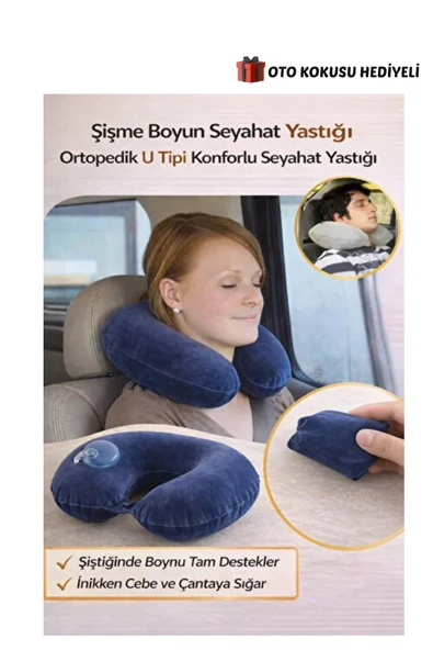 Seyahat Yastığı Şişme Boyun U Tipi Ortopedik Şişirilebilir Yolcu Uyku Yastığı Lacivert ürün görseli 1