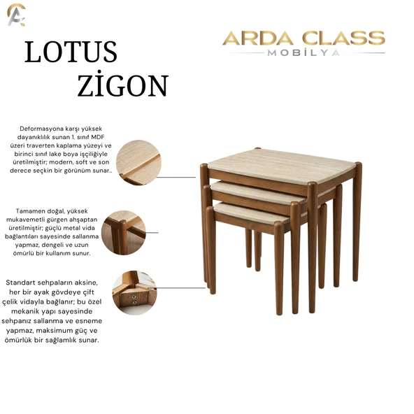 Lotus 3lü Zigon Sehpa Seti  Traverten MDF Kaplama & Gürgen Ahşap Ayaklı ürün görseli 1