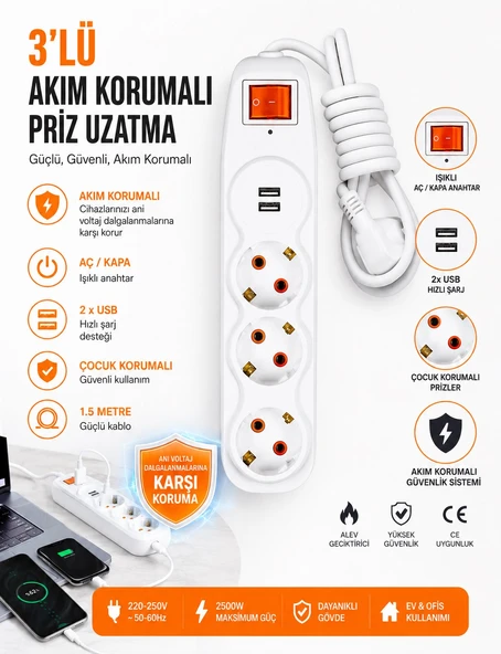 3'lü Akım Korumalı Priz Uzatma Kablosu 1,5 Metre – 2 USB Girişli, Işıklı Anahtarlı, Çocuk Korumalı Çoklu Priz ürün görseli 1