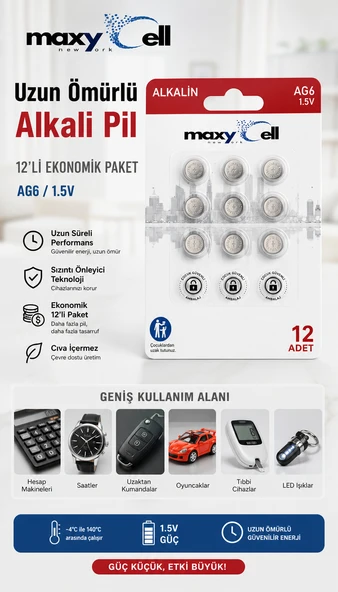 MaxyCell12 Adet Ag6 (370,371,LR921,LR69,SR920W) 1.5V Alkalin Düğme Pil ürün görseli 1
