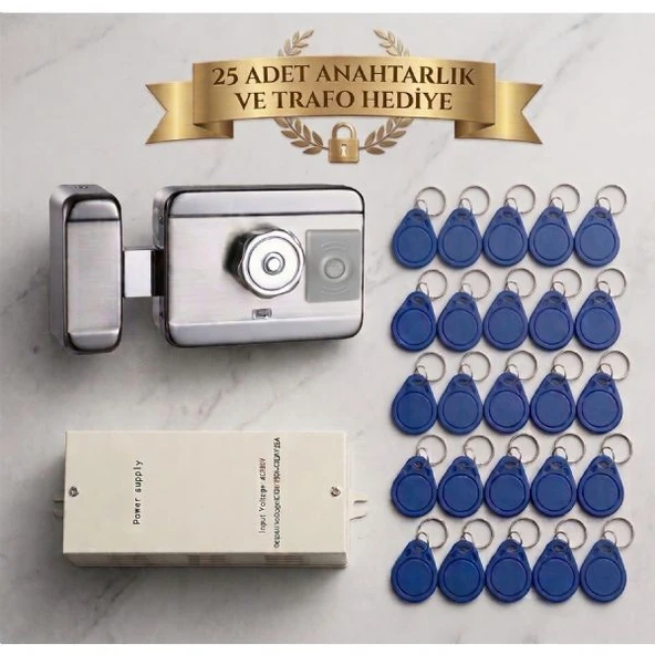 Marelli SENSÖRLÜ motorlu SESSİZ + GÜVENLİ manyetik elektrikli trajlı apartman kapı kilidi motorlu otomat + kartlı sistemi + trafosu + 25 çip ürün görseli 1