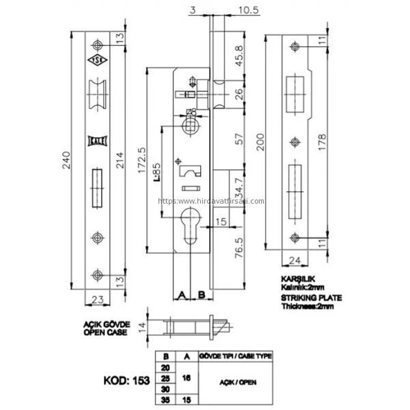 Kale 153/20U 20 mm dar dilli silindirli kilit BARELLİ - Resim 2