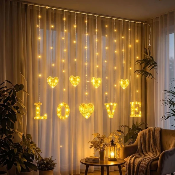 3 Metre Perde Led Işık - 8 Modlu Kalp ve LOVE Figürlü Dekoratif Animasyonlu Led ürün görseli 1