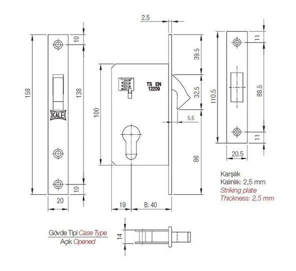 Kale 201/40 40 mm silindirli sürme kapı kilidi - Resim 2