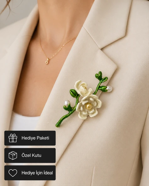 Kadın Vintage Mine İşlemeli Beyaz Manolya Çiçeği Broş - İncili Zarif Hediye ürün görseli 1