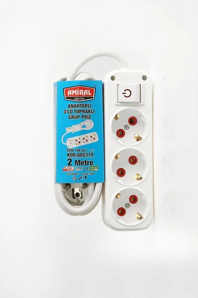 3 lü Topraklı Anahtarlı 2 Metre Kablolu Grup Priz ürün görseli 1