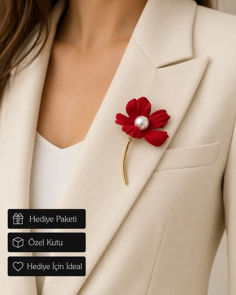 Kadın Kırmızı Çiçek Broş İncili Altın Sarısı Saplı Elegant Ceket Yaka İğnesi ürün görseli 1