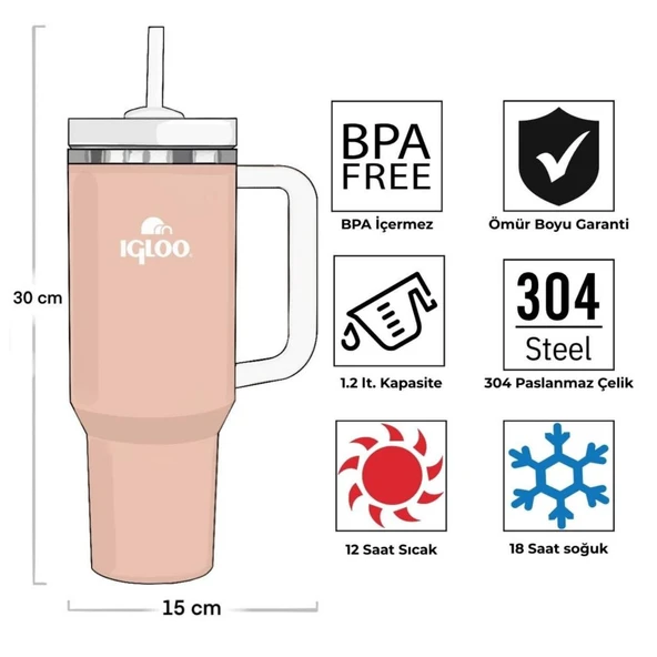 Çelik Mug Termos - Igloo - Stadler - 1.2 lt - Beyaz Somon - 205787 - Resim 4