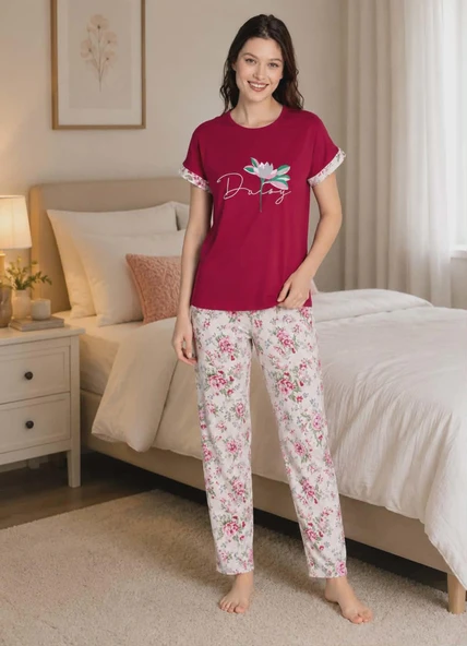 Senfoni Kadın Penye Bisiklet Yaka Kısa Kol Pijama Takımı 10210 -1 Adet  2XL Vişne ürün görseli 1