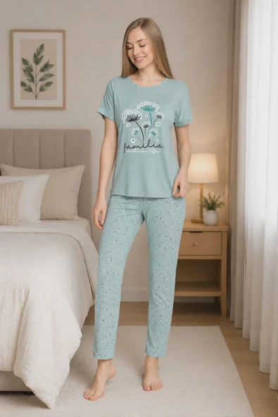 Senfoni Kadın Bamboo Viskon Bisiklet Yaka Kısa Kol Pijama Takımı 10337 -1 Adet  XL Yeşil ürün görseli 1