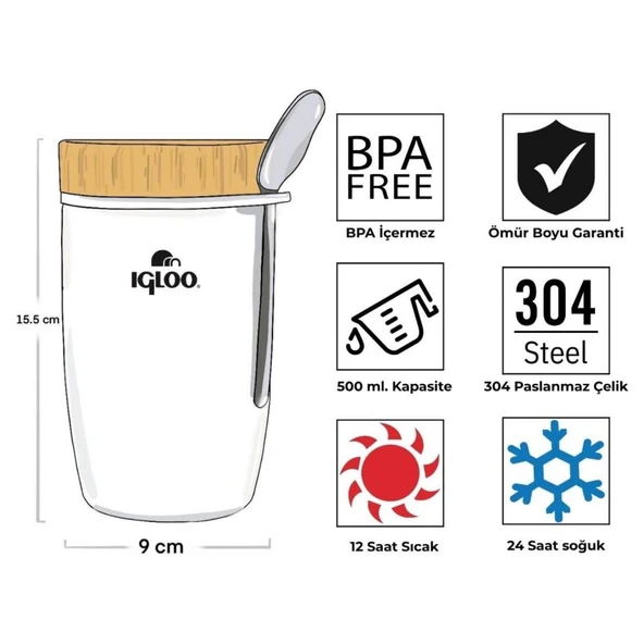 Çelik Yemek Termos - Igloo - Bamboo - 500 ml - Beyaz - 205789 - Resim 3