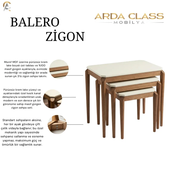 Balero Krem Lake Boyalı 3’lü Zigon Sehpa Takımı ürün görseli 1