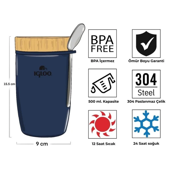 Çelik Yemek Termos - Igloo - Bamboo - 500 ml - Lacivert - 205789 - Resim 3