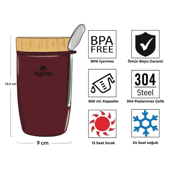 Çelik Yemek Termos - Igloo - Bamboo - 500 ml - Bordo - 205789 - Resim 3