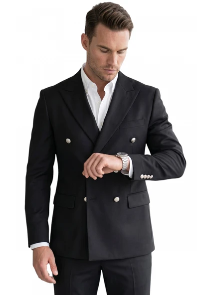 DeepSEA Erkek Slim Fit Kruvaze Takım Elbise Likralı Çizgili Dokulu Metal Düğmeli 2600820 ürün görseli 1