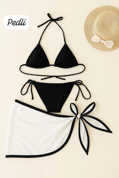 Kadın Siyah Beyaz Pareolu Yandan ve Boyundan Bağlamalı 3'lü Bikini Takımı ürün görseli 1