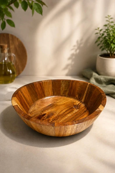 24 cm Akasya Ahşap Salata Kasesi – Modern Ekmeklik , Şık ve Doğal Sunum Kasesi ürün görseli 1