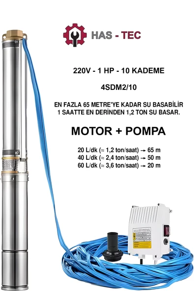 4SDM2/10 Derin Kuyu Dalgıç Pompa Seti 1 HP - Monofaze Motor + Pompa + Kontrol Panosu Komple Set ürün görseli 1