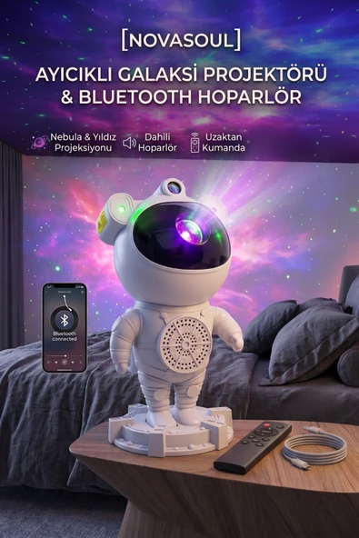 Ayıcıklı Astronot Galaksi Projektörü ve Bluetooth Hoparlörlü Yıldız Gece Lambası ürün görseli 1