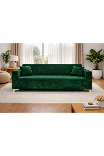 Akbal Home Babyface 3 Kişilik Koltuk Örtüsü Lastikli Tüm Giydirme Zümrüt Yeşili + 2 Adet Kırlent Hediye! ürün görseli 1