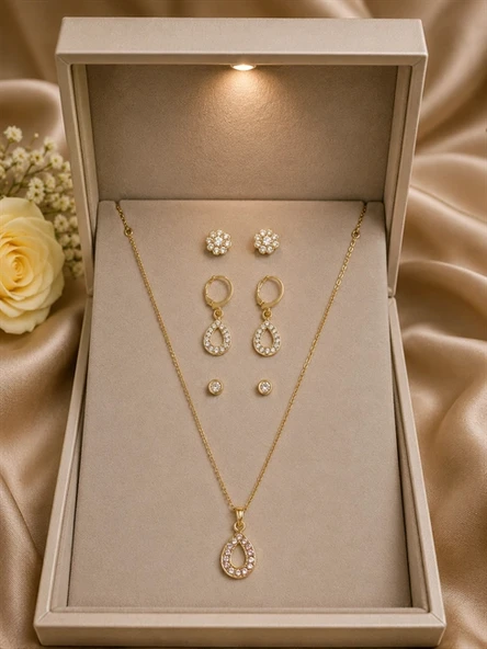 Ufak Damla Detaylı Taşlı Gold Renk 4'lü Zincir Kolye Küpe Seti ürün görseli 1