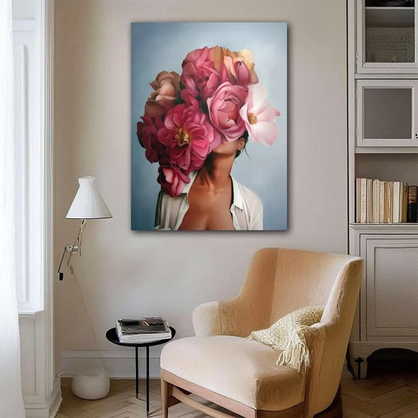 Pembe Çiçekli Kadın Yağlı Boya Dokulu Tablo ürün görseli 1