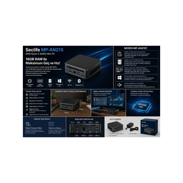 SECLIFE RYZEN 3 3200U - 16GB DDR4 RAM - 500GB SSD - W11H MINI PC / MP-AN215 SİYAH ürün görseli 1