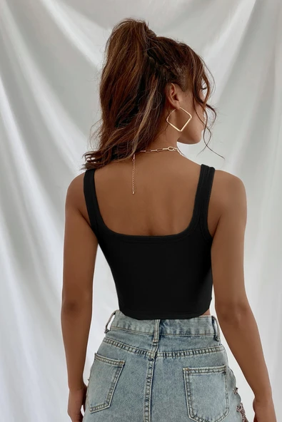 Kadın Siyah Kalın Askılı Crop Top Büstiyer - Resim 3