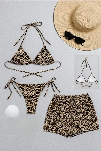 Kadın 3'lü Set Leopar Desenli Şortlu ve Yandan Bağlamalı Bikini Mayo Takımı ürün görseli 1
