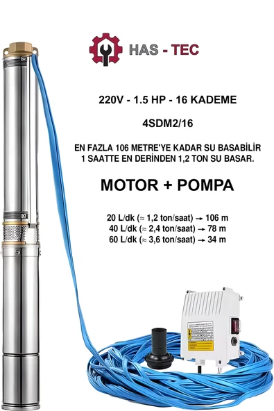 4SDM2/16 Derin Kuyu Dalgıç Pompa Seti 1.5 HP Monofaze Motor + Pompa + Kontrol Panosu Komple Set ürün görseli 1