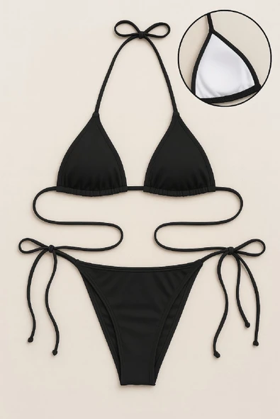 Kadın Siyah Yandan ve Boyundan Bağlamalı Bikini Mayo Takımı ürün görseli 1