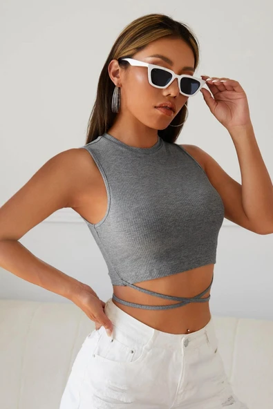 Kadın Gri Çapraz Bağlamalı Crop Top Büstiyer - Resim 6