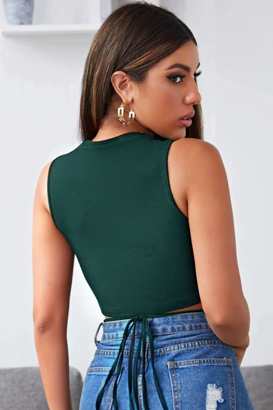Kadın Yeşil Çapraz Bağlamalı Crop Top Büstiyer - Resim 4