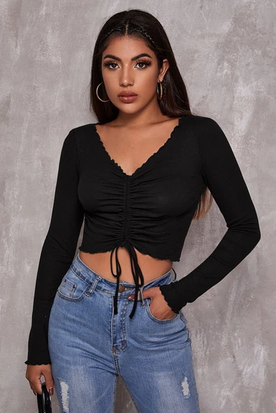 Kadın Siyah Uzun Kollu Büzdürme Bağcık Detaylı Crop Top Bluz ürün görseli 1
