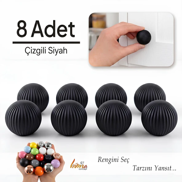 8 Adet Sert Plastik Düğme Yuvarlak Top Çizgili Siyah Dolap Mobilya Mutfak Dolabı Çekmece Kulbu Kulpu Kulplar ürün görseli 1