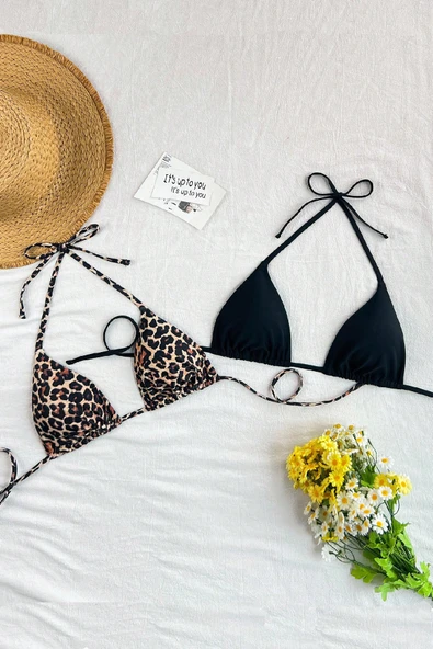 Kadın Leopar Desenli ve Siyah Minimal Kesim Üçgen Bikini Üstü ürün görseli 1