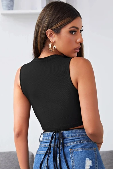 Kadın Siyah Çapraz Bağlamalı Crop Top Büstiyer - Resim 2