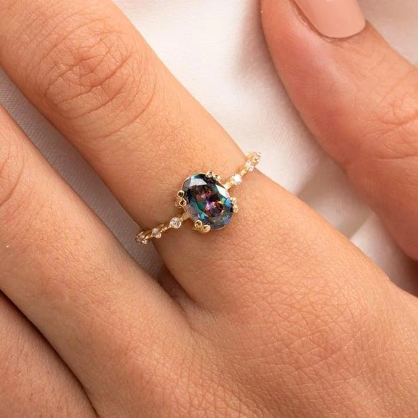 Evlilik Teklifi Altın Yüzük - 0.95 Ct Mistik Topaz 14 Ayar Altın Evlilik Teklifi İhtişamı Yüzüğü ürün görseli 1