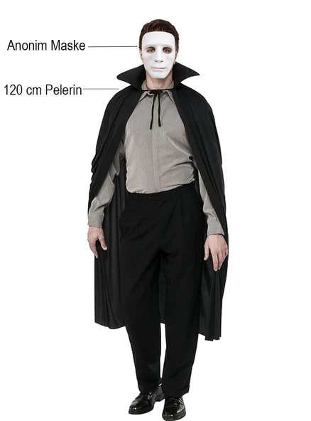 Siyah Renk Yakalı 120 cm Pelerin ve Beyaz Anonim Maske ürün görseli 1