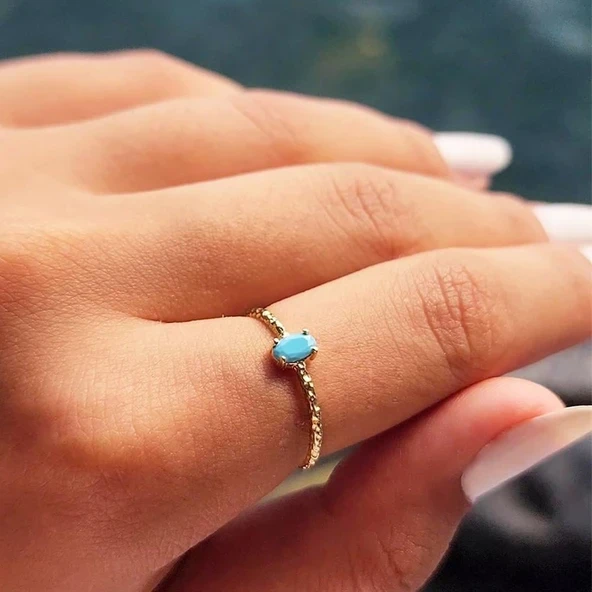 Gümüş Yüzük - 925 Ayar Firuze Tek Taş Gümüş Yüzük-0.30Ct Firuze Eskitme Otantik Gümüş Tek Taş Yüzük ürün görseli 1