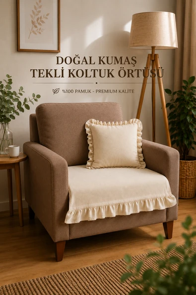 Fırfırlı Ham Bez Koltuk Örtüsü Tekli Berjer ve Kanepe Koruyucu Krem 90 cm x 110 cm ürün görseli 1