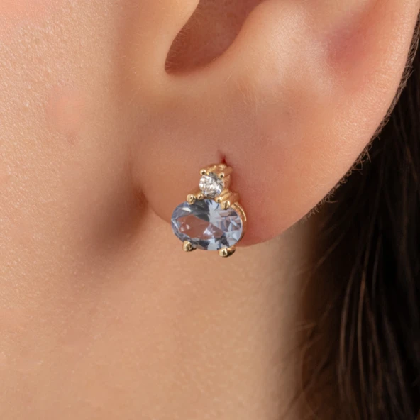 Altın Küpe - 14 Ayar Altın Oval Blue Topaz Taşlı Tektaş Küpe ürün görseli 1