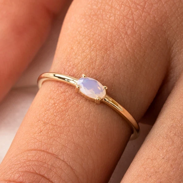 Altın Yüzük - 14 Ayar Tektaş Altın 0.50 Karat Oval Sade Minimal Pembe Kuvars Yüzük ürün görseli 1