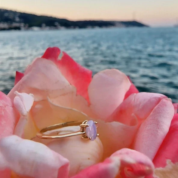 Tektaş Altın Yüzük - 14 Ayar Altın Oval 0.90 Ct Pembe Quartz Taşlı Tek Taş Evlilik Teklifi Yüzüğü ürün görseli 1