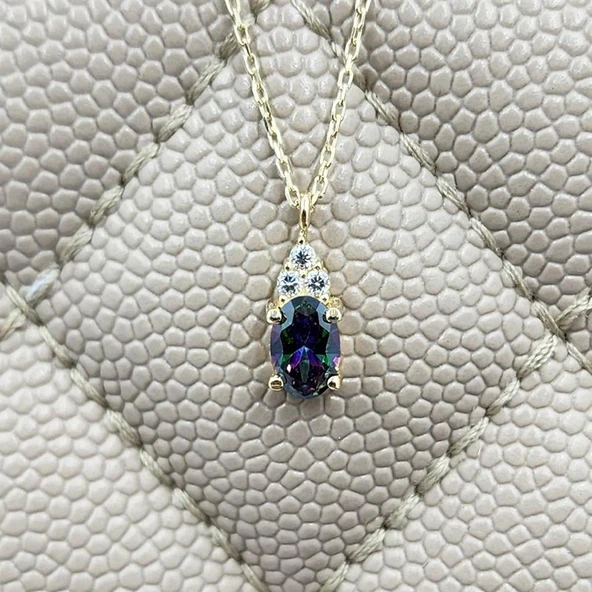 Gümüş Kolye - 1.30 Ct Mistik Topaz  Oval Taşlı Has Taşlı Gümüş Kolye -Hediyelik 925 Ayar Gümüş Kolye ürün görseli 1